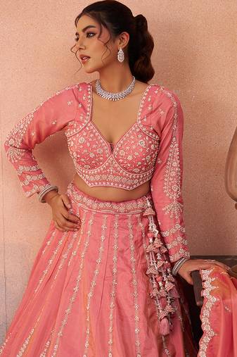 Peach- Tissue Beads & Sequins Embroidered Semi-Stitched Lehenga & Unstitched Blouse With Dupatta