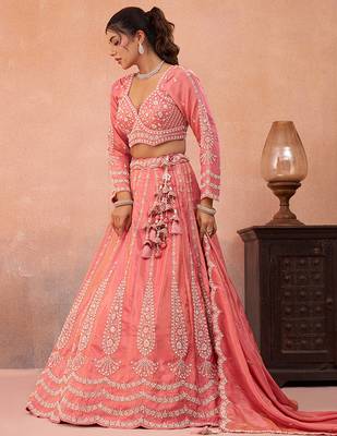 Peach- Tissue Beads & Sequins Embroidered Semi-Stitched Lehenga  & Unstitched Blouse With Dupatta 3