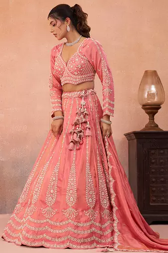 Peach- Tissue Beads & Sequins Embroidered Semi-Stitched Lehenga  & Unstitched Blouse With Dupatta