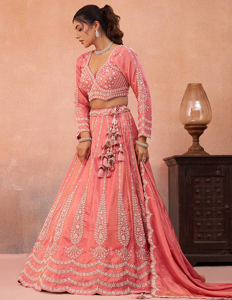 Peach- Tissue Beads & Sequins Embroidered Semi-Stitched Lehenga & Unstitched Blouse With Dupatta