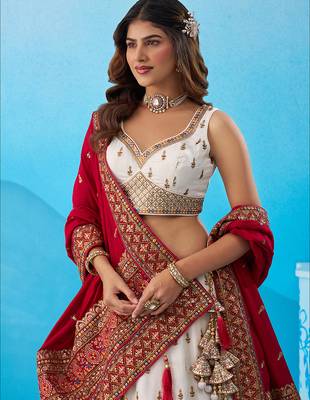 Cream- Chinnon Silk Sequinned Thread & Zari Embroidered Semi-Stitched Lehenga & Unstitched Blouse With Dupatta 2