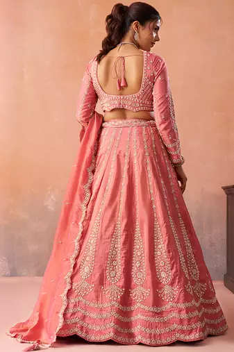 Peach- Tissue Beads & Sequins Embroidered Semi-Stitched Lehenga  & Unstitched Blouse With Dupatta