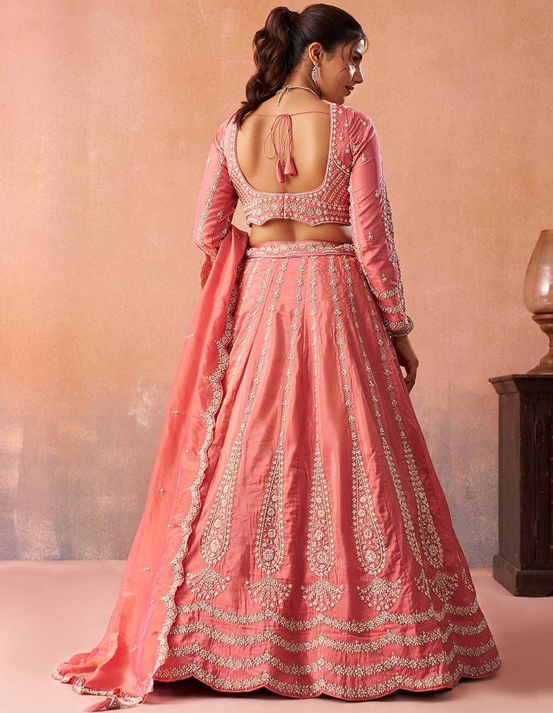 Peach- Tissue Beads & Sequins Embroidered Semi-Stitched Lehenga & Unstitched Blouse With Dupatta