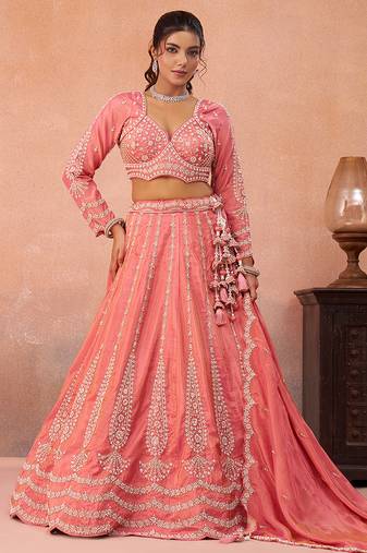 Peach- Tissue Beads & Sequins Embroidered Semi-Stitched Lehenga & Unstitched Blouse With Dupatta