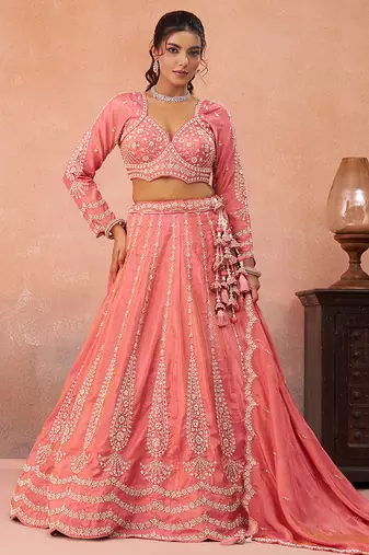 Peach- Tissue Beads & Sequins Embroidered Semi-Stitched Lehenga & Unstitched Blouse With Dupatta