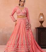 Peach- Tissue Beads & Sequins Embroidered Semi-Stitched Lehenga & Unstitched Blouse With Dupatta