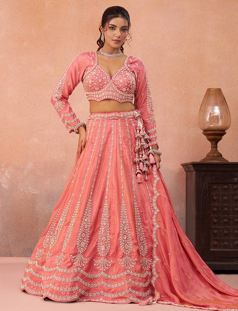 Peach- Tissue Beads & Sequins Embroidered Semi-Stitched Lehenga & Unstitched Blouse With Dupatta