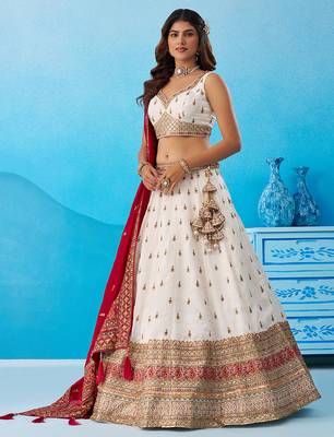 Cream- Chinnon Silk Sequinned Thread & Zari Embroidered Semi-Stitched Lehenga & Unstitched Blouse With Dupatta 3