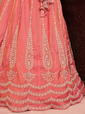 Peach- Tissue Beads & Sequins Embroidered Semi-Stitched Lehenga  & Unstitched Blouse With Dupatta 5