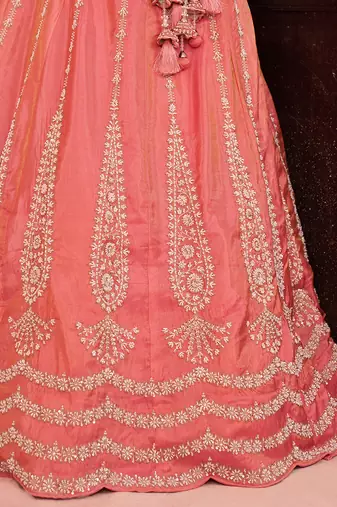 Peach- Tissue Beads & Sequins Embroidered Semi-Stitched Lehenga  & Unstitched Blouse With Dupatta