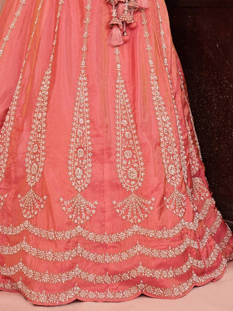 Peach- Tissue Beads & Sequins Embroidered Semi-Stitched Lehenga & Unstitched Blouse With Dupatta