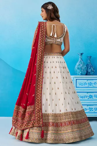 Cream- Chinnon Silk Sequinned Thread & Zari Embroidered Semi-Stitched Lehenga & Unstitched Blouse With Dupatta