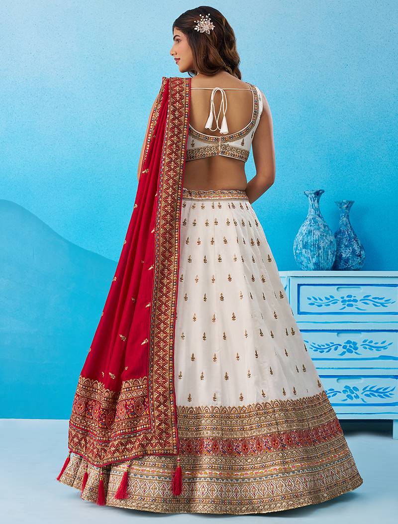 Cream- Chinnon Silk Sequinned Thread & Zari Embroidered Semi-Stitched Lehenga & Unstitched Blouse With Dupatta