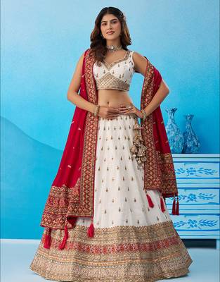 Cream- Chinnon Silk Sequinned Thread & Zari Embroidered Semi-Stitched Lehenga & Unstitched Blouse With Dupatta 1