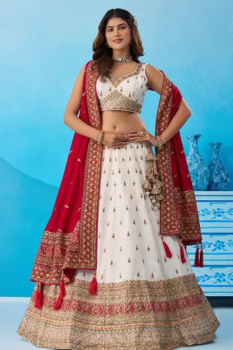 Cream- Chinnon Silk Sequinned Thread & Zari Embroidered Semi-Stitched Lehenga & Unstitched Blouse With Dupatta