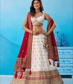 Cream- Chinnon Silk Sequinned Thread & Zari Embroidered Semi-Stitched Lehenga & Unstitched Blouse With Dupatta