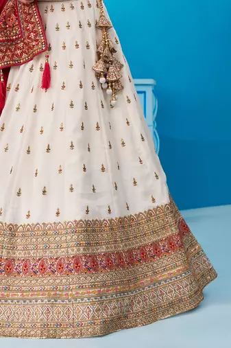 Cream- Chinnon Silk Sequinned Thread & Zari Embroidered Semi-Stitched Lehenga & Unstitched Blouse With Dupatta
