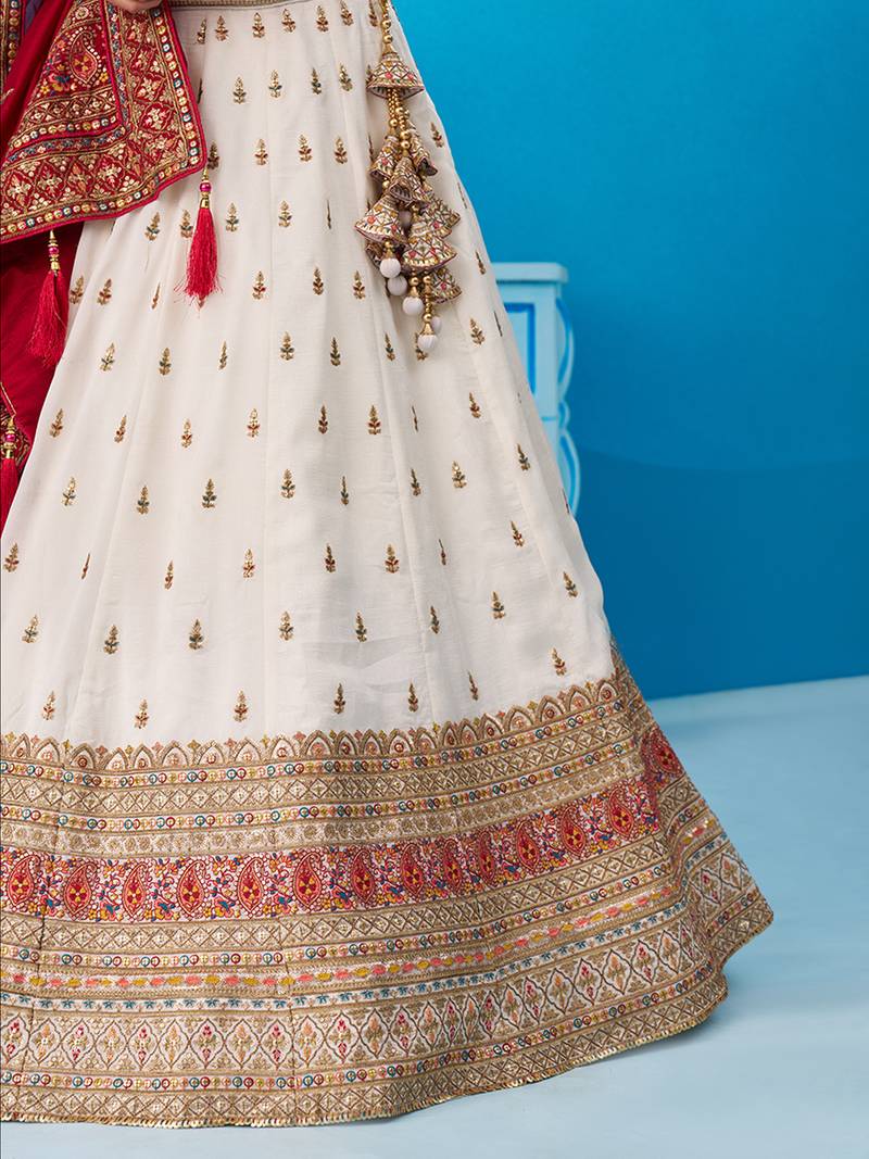 Cream- Chinnon Silk Sequinned Thread & Zari Embroidered Semi-Stitched Lehenga & Unstitched Blouse With Dupatta