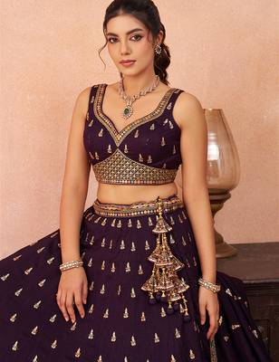 Purple- Chinnon Silk Sequinned Thread & Zari Embroidered Semi-Stitched Lehenga & Unstitched Blouse With Dupatta 2
