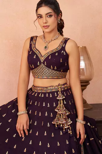 Purple- Chinnon Silk Sequinned Thread & Zari Embroidered Semi-Stitched Lehenga & Unstitched Blouse With Dupatta