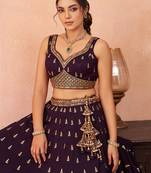 Purple- Chinnon Silk Sequinned Thread & Zari Embroidered Semi-Stitched Lehenga & Unstitched Blouse With Dupatta