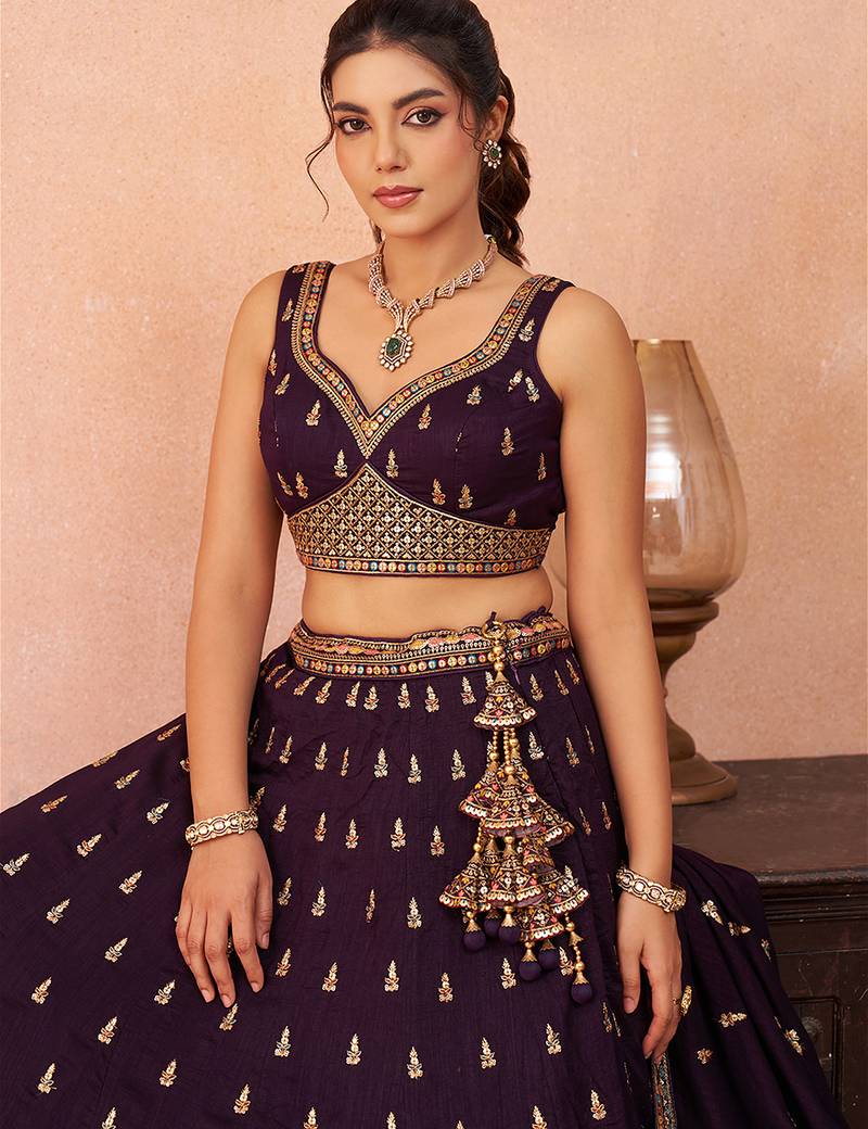 Purple- Chinnon Silk Sequinned Thread & Zari Embroidered Semi-Stitched Lehenga & Unstitched Blouse With Dupatta