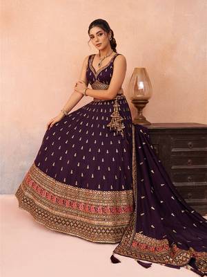 Purple- Chinnon Silk Sequinned Thread & Zari Embroidered Semi-Stitched Lehenga & Unstitched Blouse With Dupatta 1