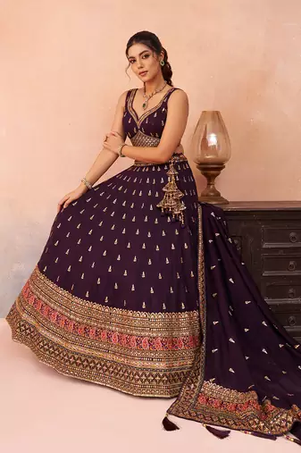 Purple- Chinnon Silk Sequinned Thread & Zari Embroidered Semi-Stitched Lehenga & Unstitched Blouse With Dupatta