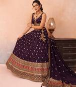 Purple- Chinnon Silk Sequinned Thread & Zari Embroidered Semi-Stitched Lehenga & Unstitched Blouse With Dupatta