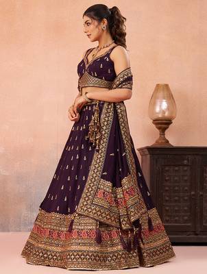Purple- Chinnon Silk Sequinned Thread & Zari Embroidered Semi-Stitched Lehenga & Unstitched Blouse With Dupatta 3