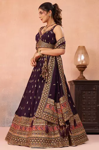 Purple- Chinnon Silk Sequinned Thread & Zari Embroidered Semi-Stitched Lehenga & Unstitched Blouse With Dupatta