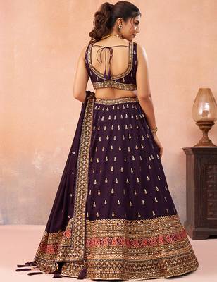 Purple- Chinnon Silk Sequinned Thread & Zari Embroidered Semi-Stitched Lehenga & Unstitched Blouse With Dupatta 4