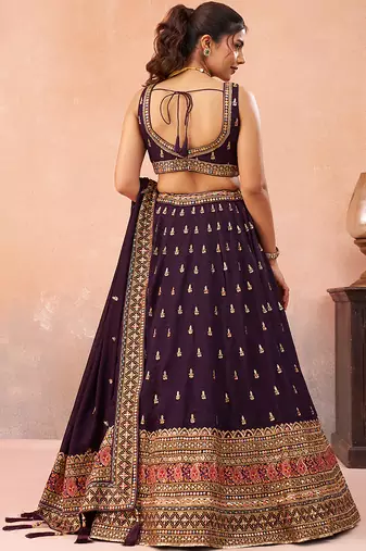 Purple- Chinnon Silk Sequinned Thread & Zari Embroidered Semi-Stitched Lehenga & Unstitched Blouse With Dupatta