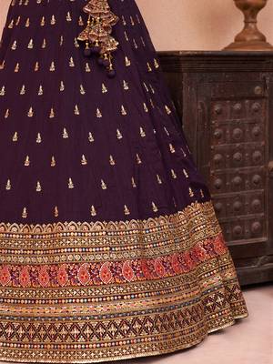 Purple- Chinnon Silk Sequinned Thread & Zari Embroidered Semi-Stitched Lehenga & Unstitched Blouse With Dupatta 5
