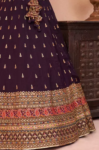 Purple- Chinnon Silk Sequinned Thread & Zari Embroidered Semi-Stitched Lehenga & Unstitched Blouse With Dupatta