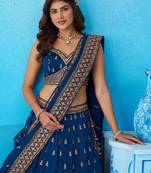 Teal- Chinnon Silk Sequinned Thread & Zari Embroidered Semi-Stitched Lehenga & Unstitched Blouse With Dupatta