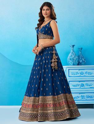 Teal- Chinnon Silk Sequinned Thread & Zari Embroidered Semi-Stitched Lehenga & Unstitched Blouse With Dupatta 3