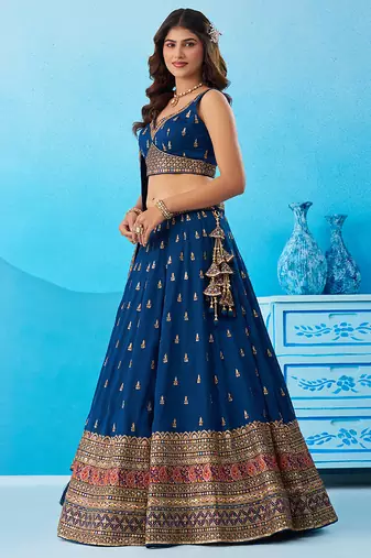 Teal- Chinnon Silk Sequinned Thread & Zari Embroidered Semi-Stitched Lehenga & Unstitched Blouse With Dupatta