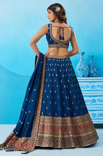 Teal- Chinnon Silk Sequinned Thread & Zari Embroidered Semi-Stitched Lehenga & Unstitched Blouse With Dupatta