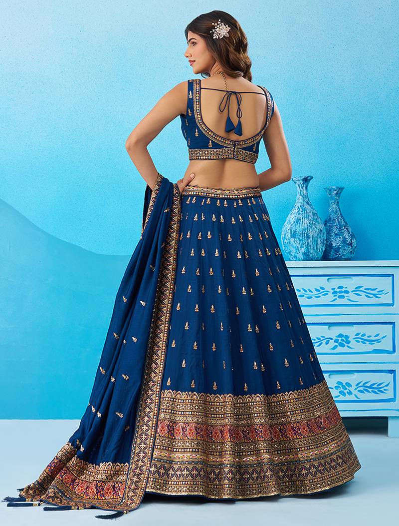 Teal- Chinnon Silk Sequinned Thread & Zari Embroidered Semi-Stitched Lehenga & Unstitched Blouse With Dupatta