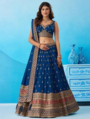Teal- Chinnon Silk Sequinned Thread & Zari Embroidered Semi-Stitched Lehenga & Unstitched Blouse With Dupatta 1