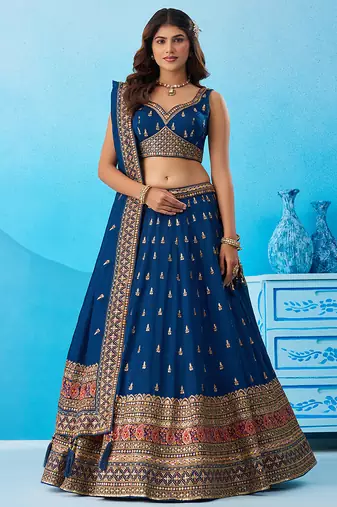 Teal- Chinnon Silk Sequinned Thread & Zari Embroidered Semi-Stitched Lehenga & Unstitched Blouse With Dupatta