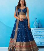 Teal- Chinnon Silk Sequinned Thread & Zari Embroidered Semi-Stitched Lehenga & Unstitched Blouse With Dupatta