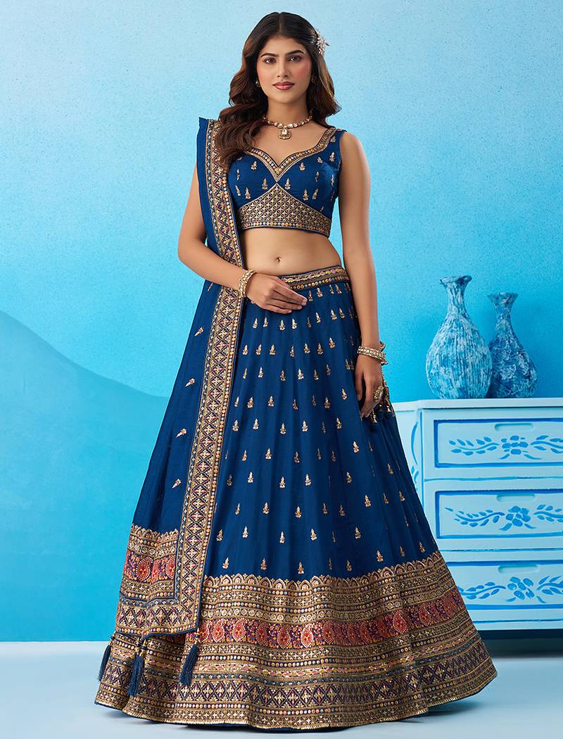 Teal- Chinnon Silk Sequinned Thread & Zari Embroidered Semi-Stitched Lehenga & Unstitched Blouse With Dupatta