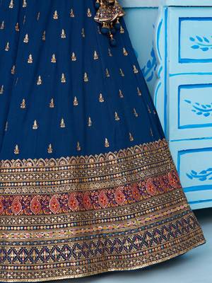 Teal- Chinnon Silk Sequinned Thread & Zari Embroidered Semi-Stitched Lehenga & Unstitched Blouse With Dupatta 5