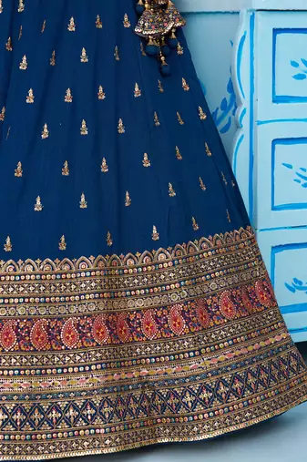 Teal- Chinnon Silk Sequinned Thread & Zari Embroidered Semi-Stitched Lehenga & Unstitched Blouse With Dupatta