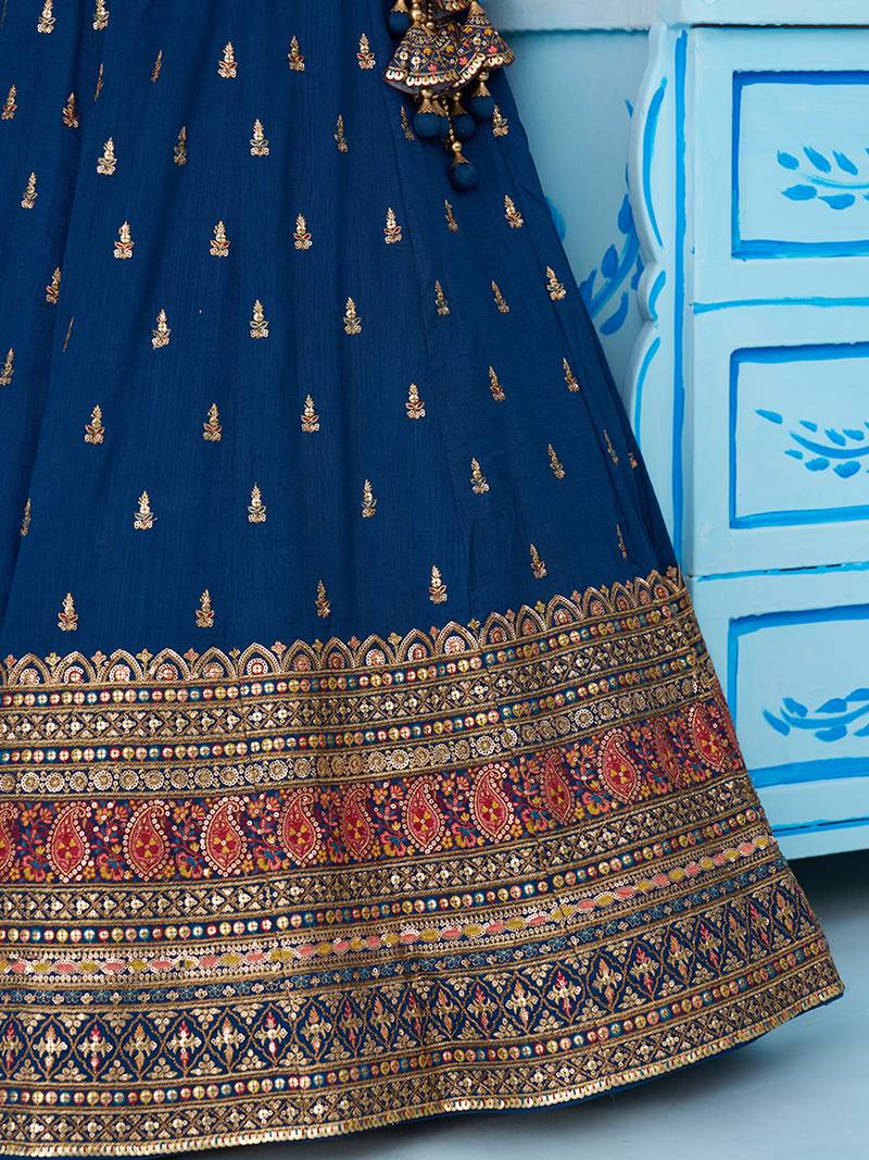 Teal- Chinnon Silk Sequinned Thread & Zari Embroidered Semi-Stitched Lehenga & Unstitched Blouse With Dupatta