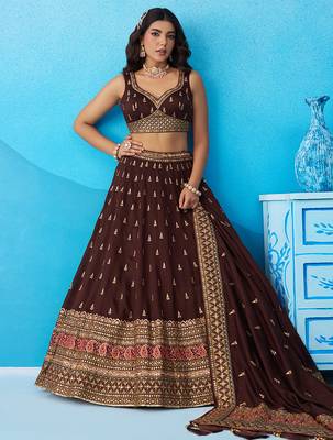 Brown- Chinnon Silk Sequinned Thread & Zari Embroidered Semi-Stitched Lehenga & Unstitched Blouse With Dupatta 1