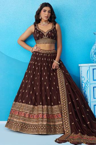 Brown- Chinnon Silk Sequinned Thread & Zari Embroidered Semi-Stitched Lehenga & Unstitched Blouse With Dupatta