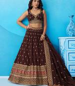 Brown- Chinnon Silk Sequinned Thread & Zari Embroidered Semi-Stitched Lehenga & Unstitched Blouse With Dupatta